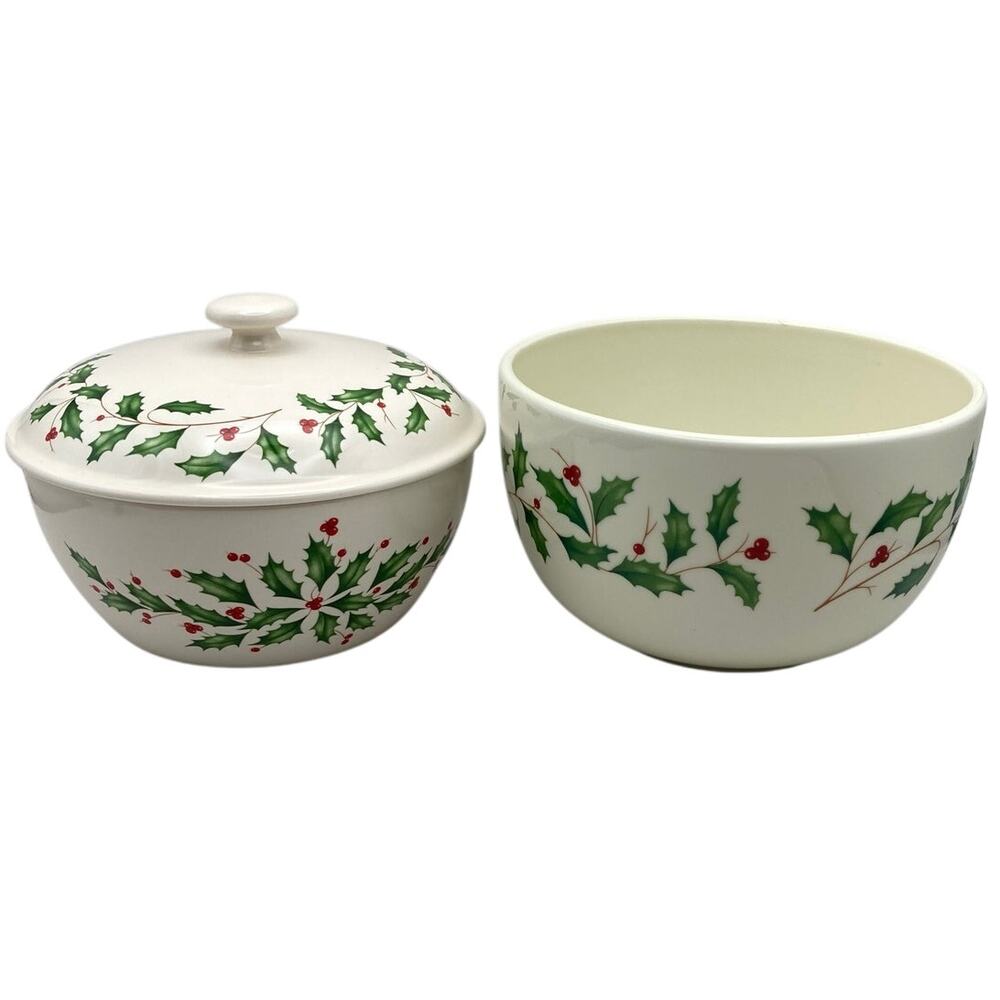 Lenox Holiday Holly Berry Medium Serving Bowl and Small Bowl with Lid *READ*